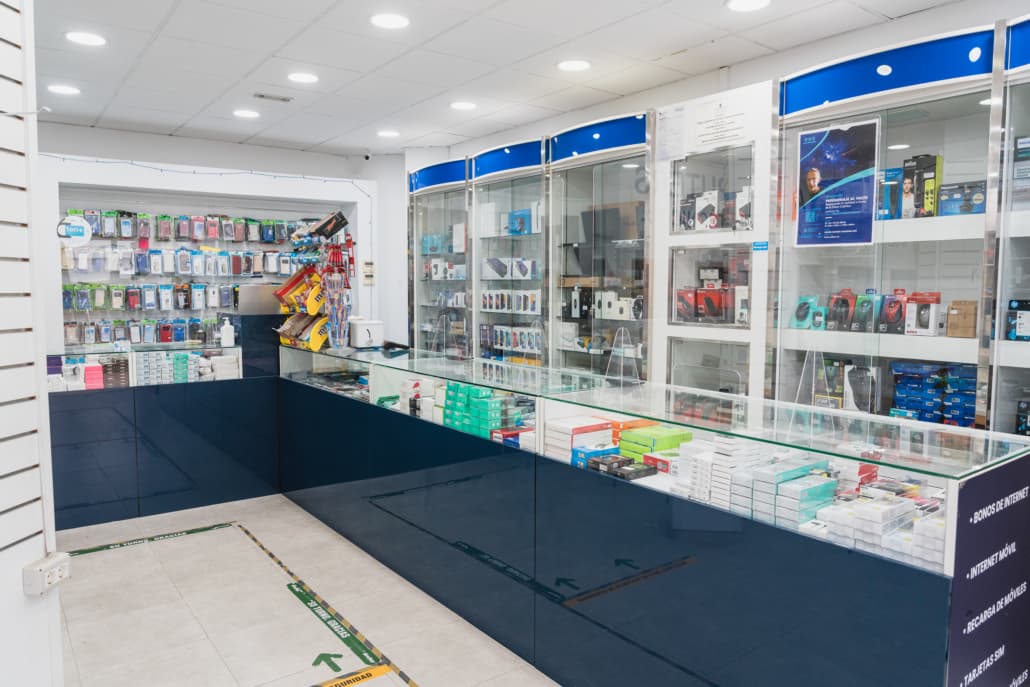 Inside A1 Computers — glass counters and accessory displays, CC San Eugenio Costa Adeje